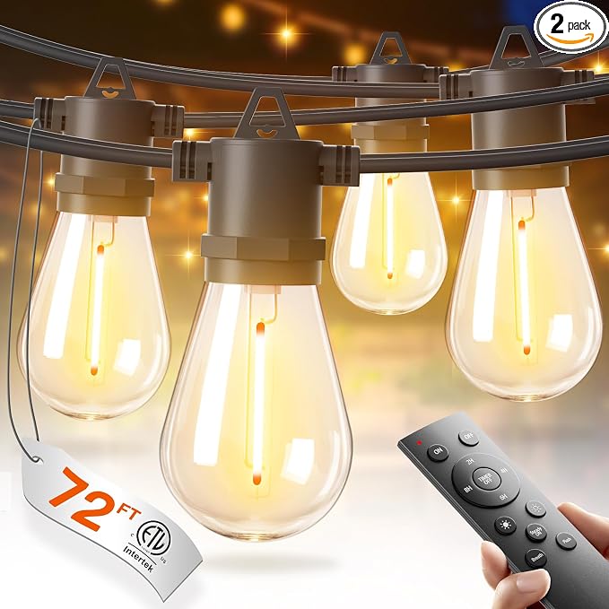 addlon 72FT Outdoor String Lights with 36 Dimmable Edison Bulbs for Patio | UL Listed, Remote Control. Waterproof Shatterproof Bulbs, Timer, Linkable, 2700K Warm White. Backyard, Pergola, 2-Pack*36FT.