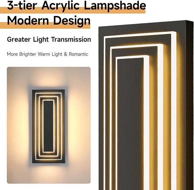 Outdoor Wall Lights,Large Exterior Lighting Fixtures 15.7 in,24 W | 3-Tier Black Modern Wall Sconce,LED Front Porch Lights, Waterproof,3000K Warm White,Metal,Acrylic,1 Pack