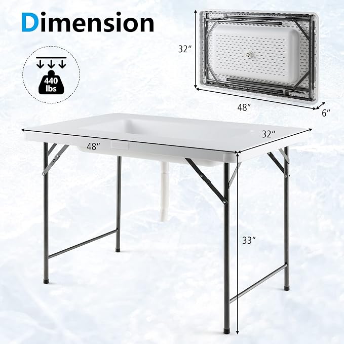 S AFSTAR 4 Foot Folding Ice Table, Buffet Salad Serving Table with Removable Skirt, Drain System & 8" Spacious Edge, Portable Beverage Cooler for Party Camping Picnic Wedding
