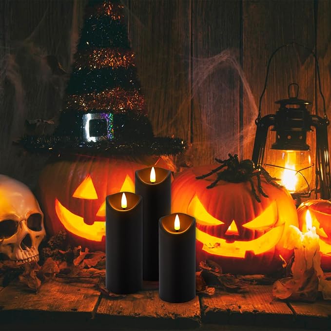YOROXRG 24 Pack Halloween Decoration Flickering Flameless Candles, Battery Operated LED Pillar Candles with Remote Control and Timer.for Home Decor (D2.2 xH 5" 6" 7" Black)