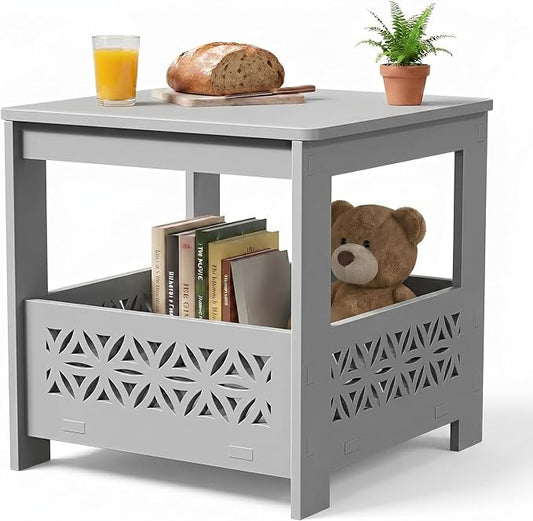 VINGLI Outdoor Side Table with Storage, 15.6" Square Resin Patio End Table, Weatherproof Rustproof Balcony Backyard Poolside Small Table (Gray)