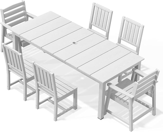 AreShark 7-Piece Outdoor Dining Set,HDPE Patio Table with 6 Chairs,All-Weather Patio Furniture Set with Umbrella Hole,Low Maintenance Wood Grain Dining Set for Backyard,Garden,Poolside,White