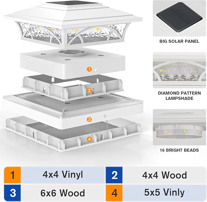 APONUO Solar Post Cap Lights 6 Pack - 4x4 5x5 6x6 Fence Post Lights, Auto On/Off, Waterproof IP64, 2-Mode (Warm/Cool White), Deck Patio Yard Solar Light for Wood & Vinyl Posts, White