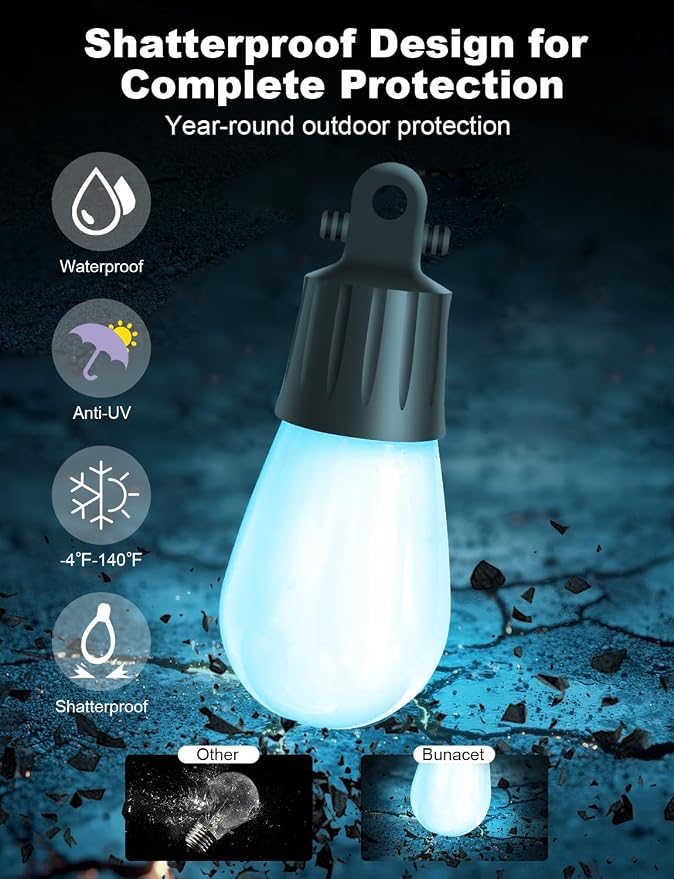 Outdoor String Lights 18 LED Bulbs, 64(52+12) ft RGB+IC+Warm White | APP Control with Remote，Outdoor Lights Music Sync for Garden Party Decor Christmas, NOT Extendable