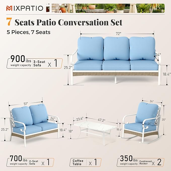 MIXPATIO 5 Piece Patio Furniture Set, 2 x Rocking Chair, 1 x 2-Seat Sofa, 1 x 3-Seat Sofa with Marbling Coffee Table, All Cushioned 7 Seats Outdoor Conversation Set for Lawn Garden Backyard, Blue