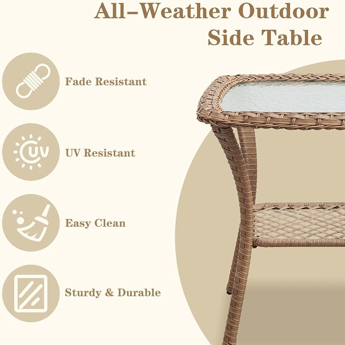 Small Outdoor Side Table - 50 LBS Weight Capacity Wicker Side Table with Storage, Tempered Glass Top Patio Side Table for Porch Balcony Deck Garden - Yellow
