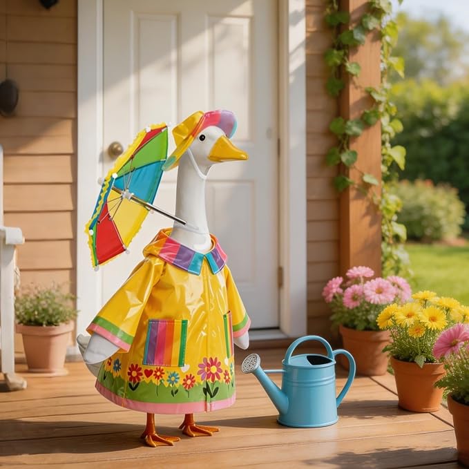 Raincoat Porch Goose Outfits, Spring Goose Clothes for Garden Decor | for 23" Cement/Plastic Goose Statue, Rainy Season Porch Goose Clothes & Umbrella & Hat, Lawn Goose Decor for Yard Statues
