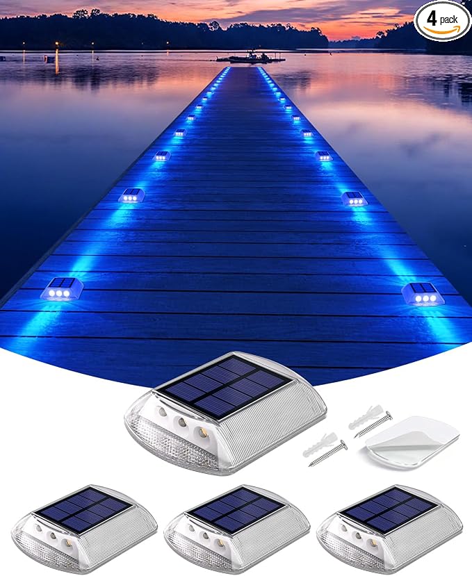 DetarZinLED Blue Solar Dock Lights for Outside IP68 Waterproof Led 4 Pack | Sturdy PC Shell, Stick on & Screw Mount, Markers Light for Outdoor Deck, Driveway, Step, Walkway, Path, Sidewalk, Patio, pool