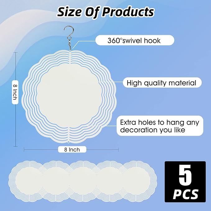 CHONOVO 5 Pack 8 Inch Sublimation Wind Spinner Blank | Double-Sided Sublimation, 3D Aluminum Metal, Easy Heat Transfer, Includes Hooks for Hanging Yard, Garden & Porch Decoration