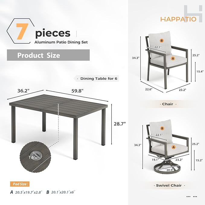 HAPPATIO Patio Dining Set for 6, 7-Piece Outdoor Aluminum Dining Set, 2 Cushioned Swivel Chairs, 4 Dining Chairs and Table for Deck Yard Poolside, Rust-Proof, Weather-Resistant, Easy Assembly