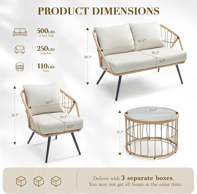 Patio Sofa, PE Rattan Wicker Loveseat, 2 Seater Outdoor Couch with 4.7" Thick Cushions, Outdoor Furniture for Garden Balcony Deck Porch or Backyard, Beige
