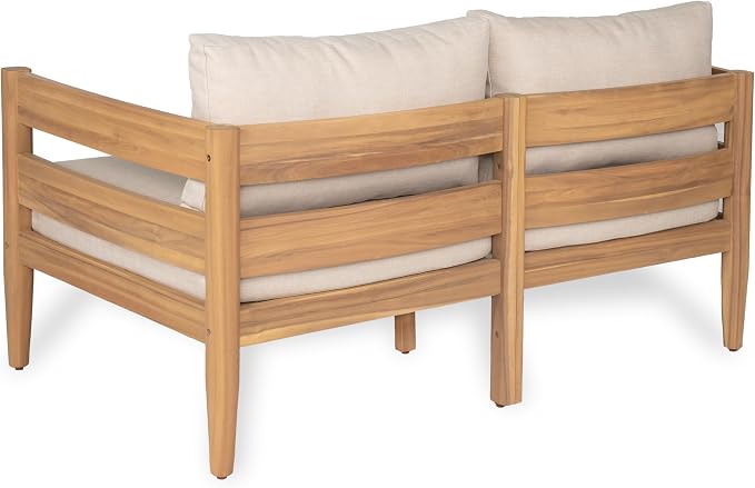 Christopher Knight Home Kayim Patio Loveseat Coffee Table Set with Curved Arm and Backrest, Acacia Wood Conversation Sofa Chat Set, Outdoor Furniture Set for Backyard Deck, Light Teak+Beige