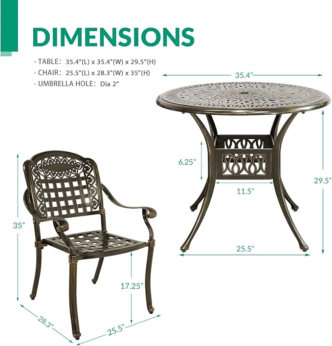 VIVIJASON 3-Piece Outdoor Patio Bistro Set, All-Weather Cast Aluminum Furniture Dining Sets Include 2 Chairs and 35.4" Round Table w/Umbrella Hole for Balcony, Lawn, Garden, Backyard, Antique Bronze