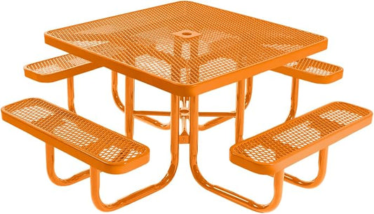 COATEDOUTDOORFURNITURE Heavy-Duty Portable Outdoor Picnic Table with Umbrella Hole, Expanded Metal Commercial-Grade Patio Dining Furniture Made in America (46" Square Top, Orange with Orange Frames)