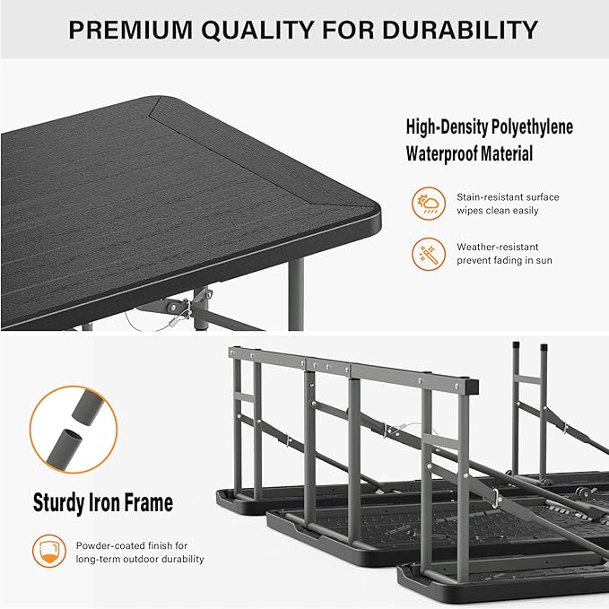 VINGLI Folding Picnic Table and Bench Set, Portable Outdoor Dining Furniture for Camping, Patio, Backyard, Wood Grain Plastic Top with Metal Frame （Black）