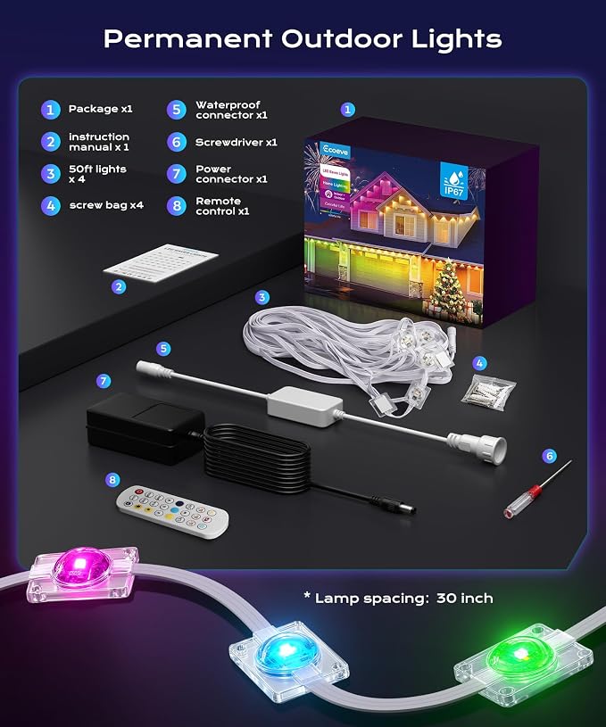 Permanent Outdoor Lights for House, 50ft Christmas RGB+IC Lights | 16 Million Colors & 50 Scene Modes, App/Remote Control, DIY Music Sync, Holiday Party Halloween Decor