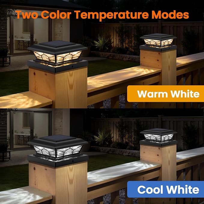 4x4 3.5x3.5 Solar Post Cap Lights 8-Pack Black | 2 Modes (Warm/Cool White), 16LEDs, for Wooden/Vinyl Posts, IP65 Waterproof, Outdoor, for Fence, Deck, Patio, Yard, Porch