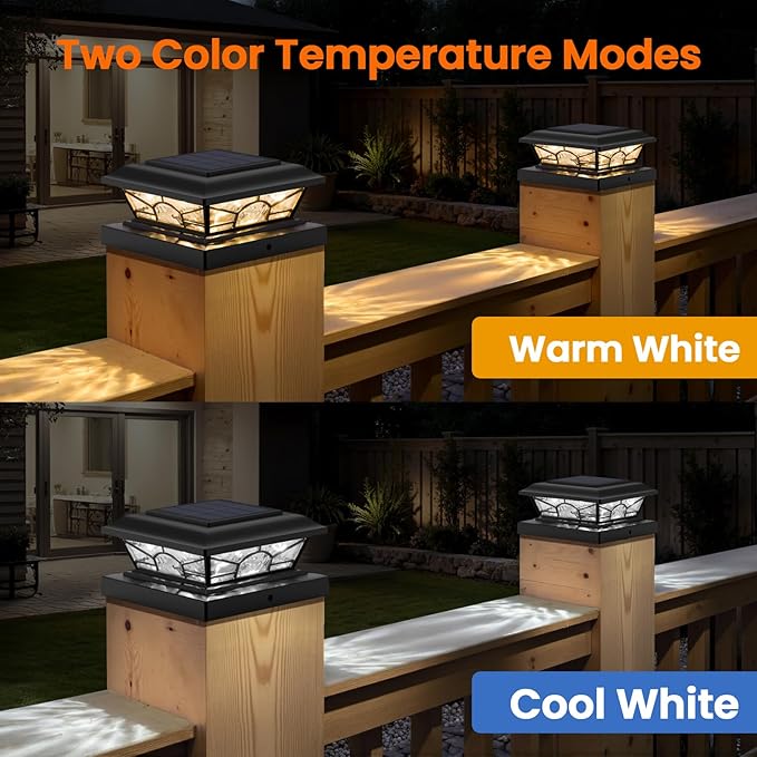 4x4 3.5x3.5 Solar Post Cap Lights 4-Pack Black | 2 Modes (Warm/Cool White), 16LEDs, for Wooden/Vinyl Posts, IP65 Waterproof, Outdoor, for Fence, Deck, Patio, Yard, Porch