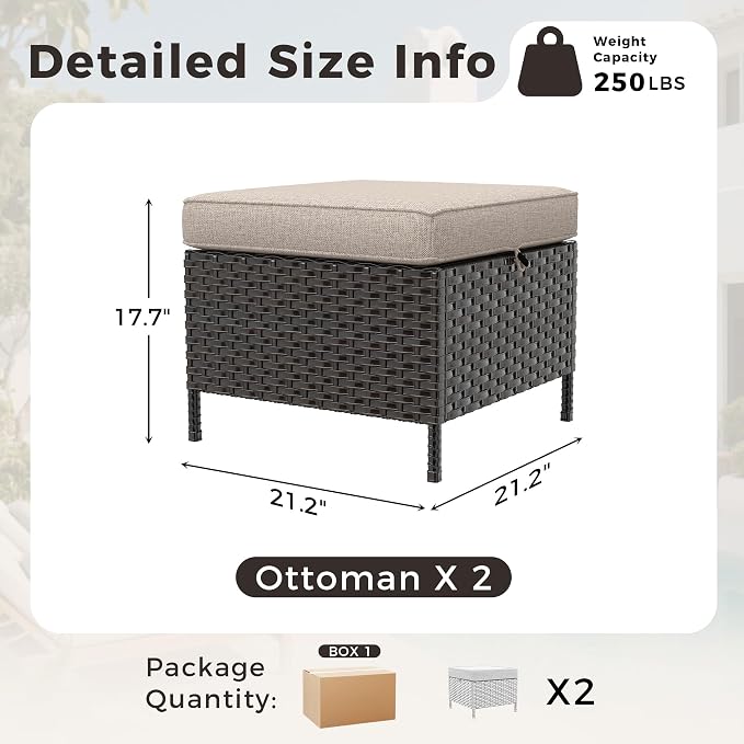 Outdoor Ottomans with Weather-Resistant Cushions, PE Rattan Patio Conversation Set for Backyard, Deck, Porch, Sunroom (Beige)