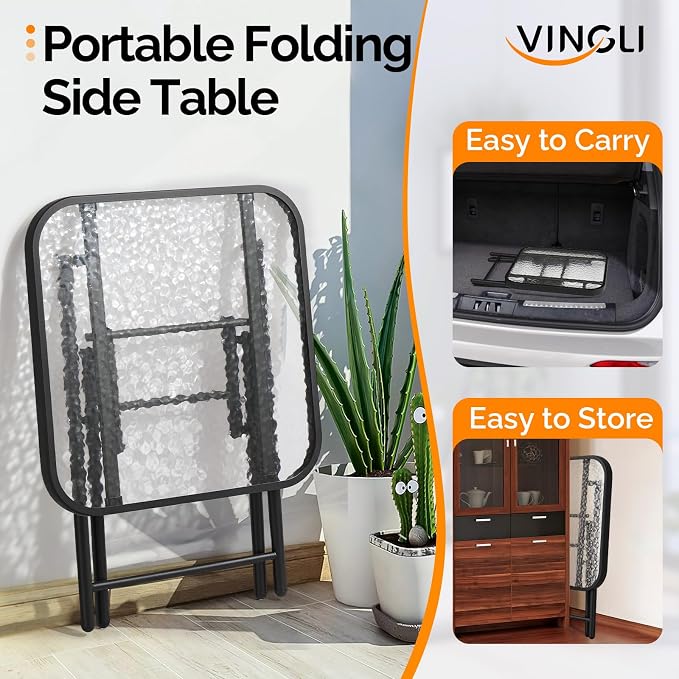 VINGLI Folding Glass Outdoor Side Table, 18 Inches Small Foldable Patio Bistro Table with Tempered Glass Table Top for Lawn & Garden, Balcony, Porch and Pool, Rectangular
