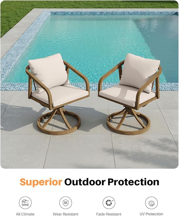 Swivel Outdoor Chairs Set of 2, Patio Dining Chairs with Removable Cushions, Never-Rust Aluminum Outdoor Dining Chairs with Wraparound Backrest and Armrest for Poolside, Deck, Backyard, Teak
