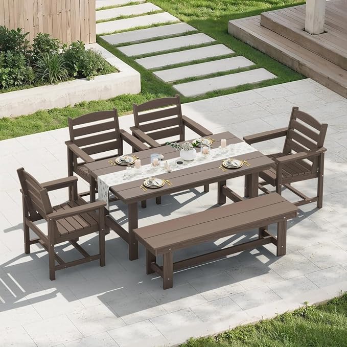 KINGYES 6-Piece Patio Dining Set, HDPE Outdoor Table and Chairs with Bench, Dark Brown