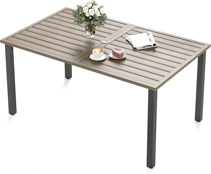 SUNSHINE VALLEY 60" Patio Dining Table for 6,Teak Color Rectangle Patio Table with Umbrella Hole,E-Coating and Powder Coating Steel Frame Metal Outdoor Patio Table for Garden Backyard Lawn Yard