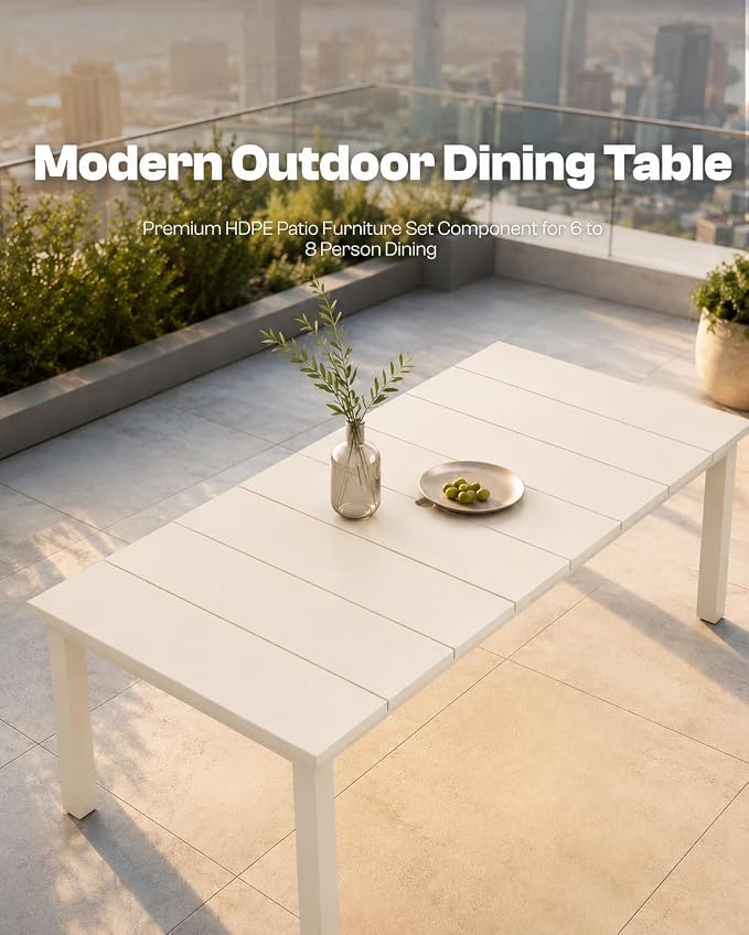 75.2" Outdoor Dining Table for 4-6 People, Patio Dining Outdoor Table with Umbrella Hole, All Weather Patio Table for Backyard, Deck and Garden, White