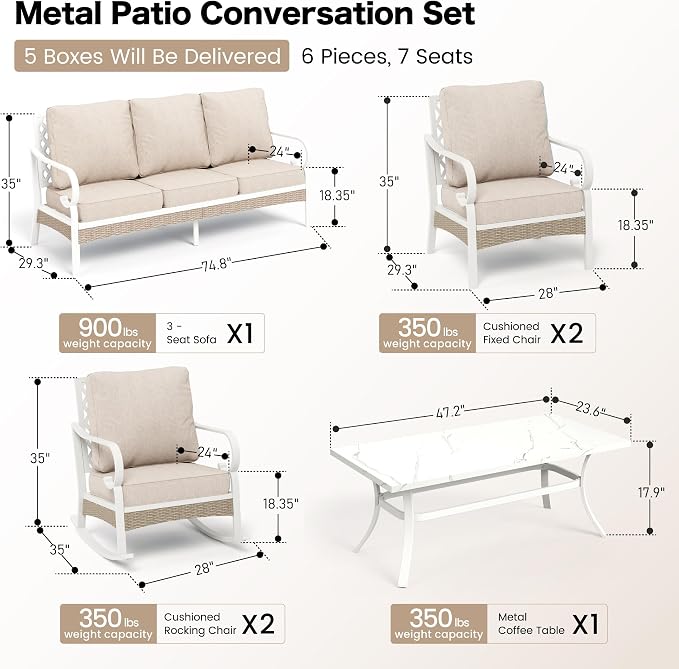SUNSHINE VALLEY 6 PCS Metal Outdoor Patio Furniture Set, Patio Conversation Set 1 3-Seater Couch, 2 Fixed Sofa, 2 Rocking Sofa with 5.75" Thick Cushion and Coffee Table White Backyard Furniture, Beige