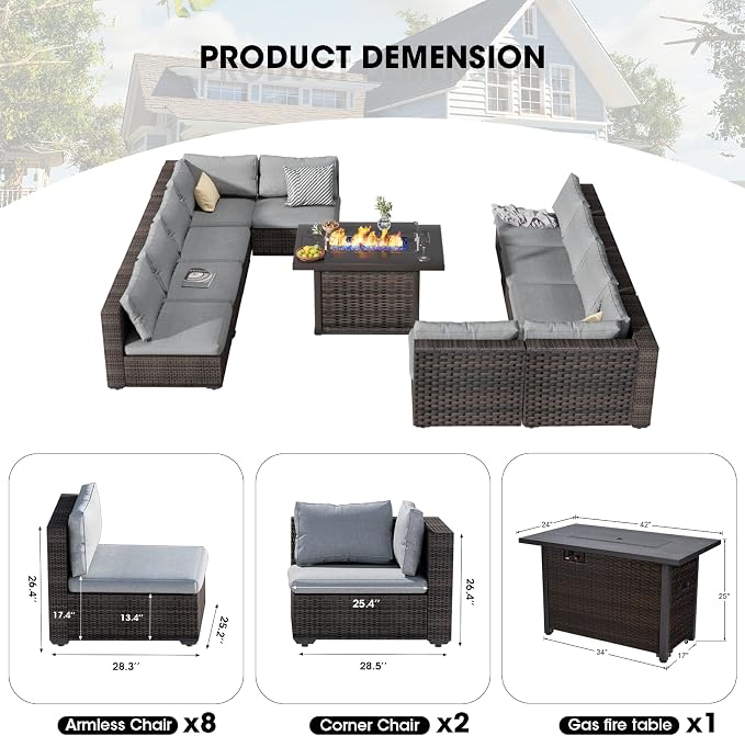 Patio Furniture Set 11 Pieces with 44" Fire Pit Table, Rattan Outdoor Sectional Conversation Sets, All Weather Outdoor Furniture Set with Cushions for Garden Lawn Balcony Porch Deck Grey