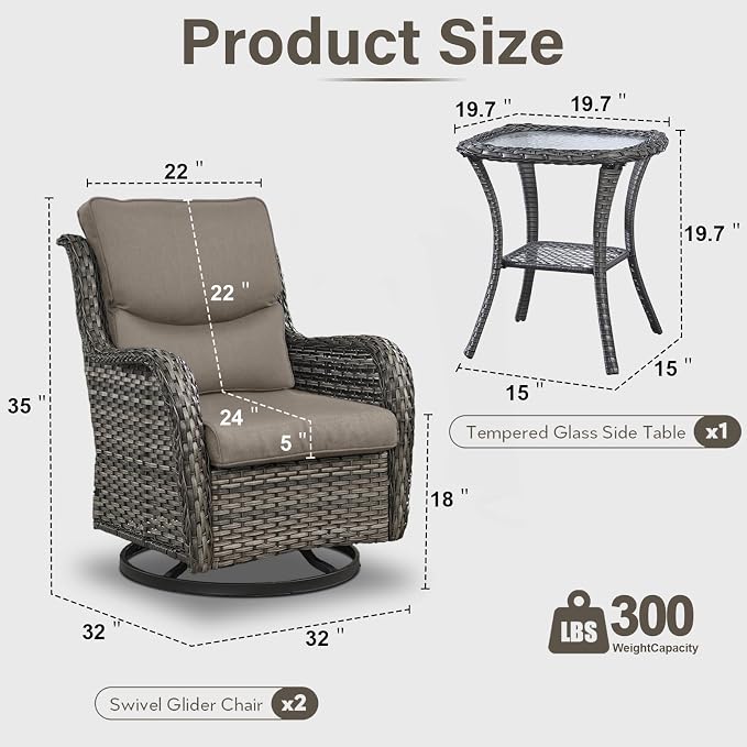 Outdoor Swivel Rocker Patio Chairs with 5" Thick Cushion - 3 Piece Wicker Bistro Set with Side Table, High Back Comfty Outdoor Glider Chairs for Balcony, Porch, Deck, Poolside - Gray/Gray