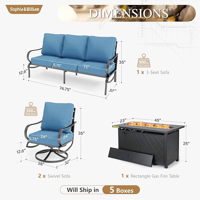 Sophia & William Patio Furniture Sets with 45" Gas Fire Pit Table Outdoor Metal Conversation Sets for 5, 2 x Swivel Cushioned Patio Sofa Chairs, 1 x 3-Seat Sofa 4 Pieces for Lawn Backyard Navy