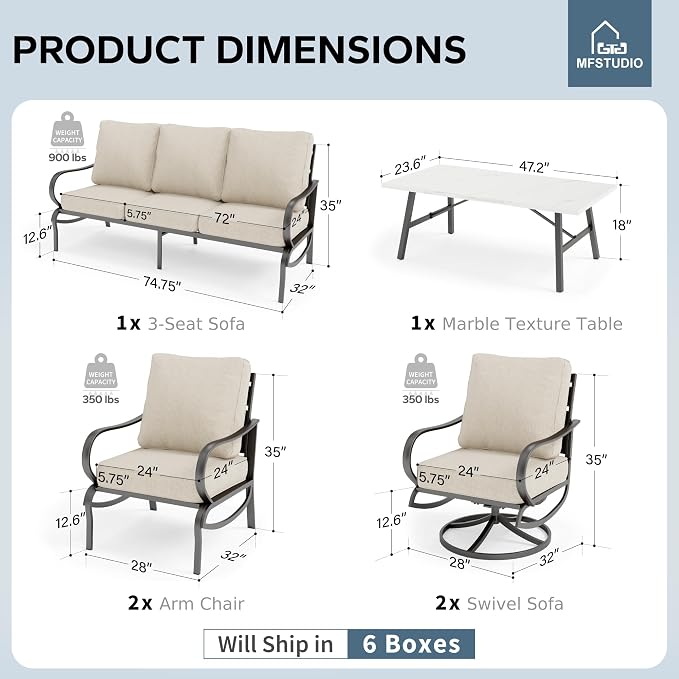 MFSTUDIO 6 Pieces Metal Patio Furniture Sets, 2 Swivel Chairs, 3-Seat Loveseat Sofa, 2 Patio Chairs & 1 Marbling Coffee Table, All Weather 7 Seats Outdoor Conversation Set for Garden Backyard, Beige