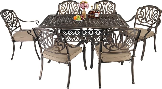VINGLI 6-Person Patio Dining Table, Cast Aluminum Outdoor Dining Rectangle Table with Umbrella Hole, Weather-Resistant Patio Table for Deck, Garden, Backyard