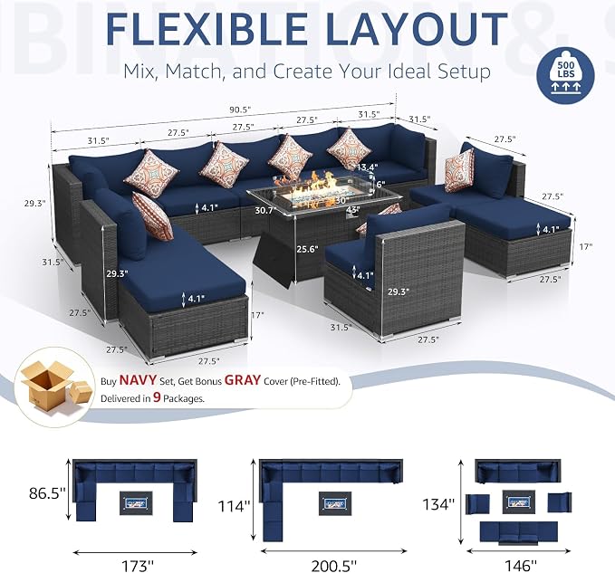 NICESOUL 11 Piece High-End Outdoor Furniture Set, 29.3'' High Back Big Size Wicker Patio Sectional, Wide Deep Comfy Conversation Sofas for Garden Deck Backyard Porch, 2 Color Cushion Navy & Grey