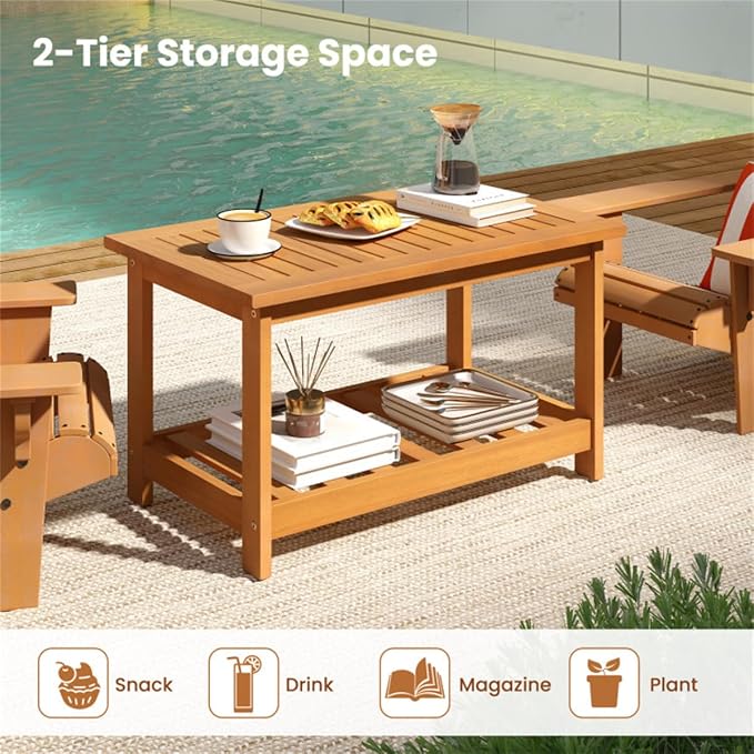 Acacia Wood Coffee Table with Storage Shelf, 29.5" Rectangular Outdoor Patio Center Table, 2-Tier Slatted Side Table for Garden Backyard Poolside Living Room, Natural Wood Finish