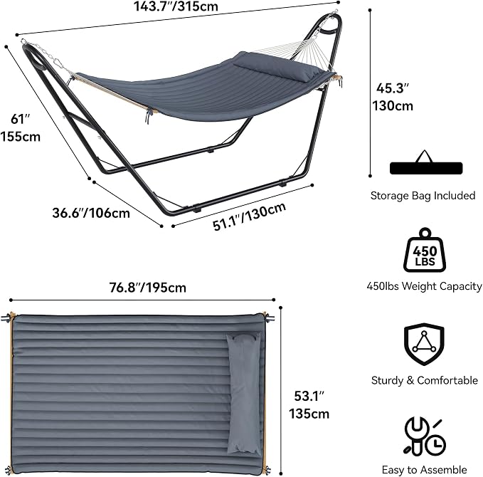 YITAHOME Hammock with Stand Heavy Duty Hammocks Waterproof, Portable Hammock with Pillow Storage Bags 450lbs for Backyards and Outdoor Relaxation, Gray Improved