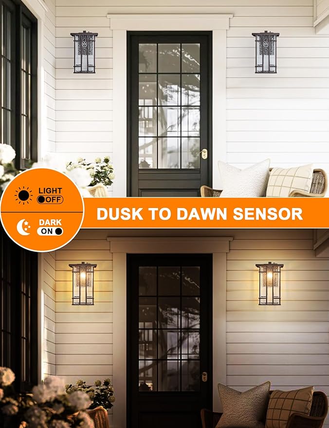 Rustic Dusk to Dawn Outdoor Wall Light Fixture 13.8"H Oil Rubbed Bronze Exterior Wall Sconces with Seeded Glass Sensor Outdoor Wall Lantern for House Patio Porch Entryway Garage Wall Lamps Waterproof