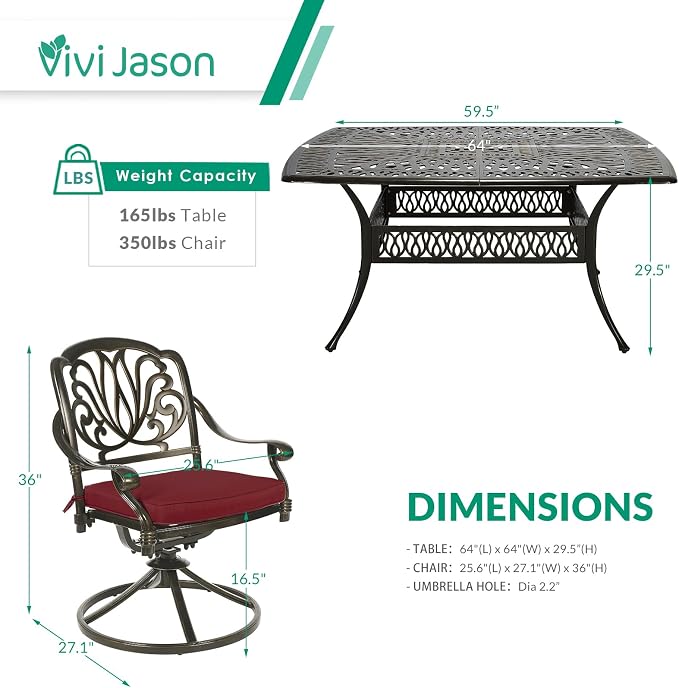 VIVIJASON 9-Piece Outdoor Furniture Dining Set for 8, All-Weather Cast Aluminum Patio Table and Chairs Set with 8 Swivel Rocker Chairs, 64" Large Square Dining Table with 2.2" Umbrella Hole, Red