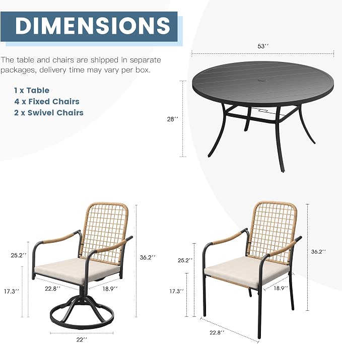 DIFY 7 Pieces Outdoor Dining Set for 6, Patio Furniture Set of 6 Wicker Patio Chairs with Soft Cushions and 53" Black Round Metal Table with Umbrella Hole, for Backyard Garden Deck, Wheat Rattan