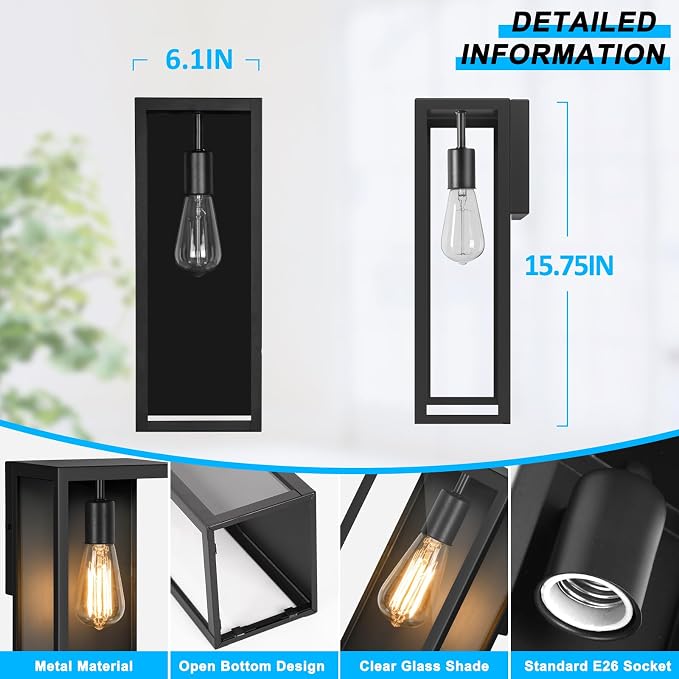 VerRon 16” Exterior Waterproof Outdoor Lights with Glass Shades, 2-Pack | Black Porch Lights Wall Mounted, Anti-Rust E26 Modern Outdoor Wall Lanterns for Patio Garage Entryway Front Door