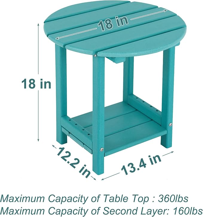 Sundale Outdoor 18" Round Small Side Table, Patio Adirondack End Table All Weather HDPE Water Resistant 2 Tier Round Outside Table for Pool, Garden, Beach, Turquoise