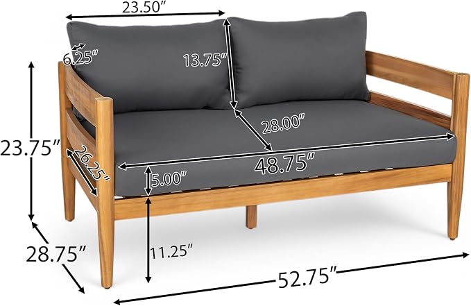 Christopher Knight Home Kayim Patio Loveseat Coffee Table Set with Curved Arm and Backrest, Acacia Wood Conversation Sofa Chat Set, Outdoor Furniture Set for Backyard Deck, Light Teak+Dark Gray