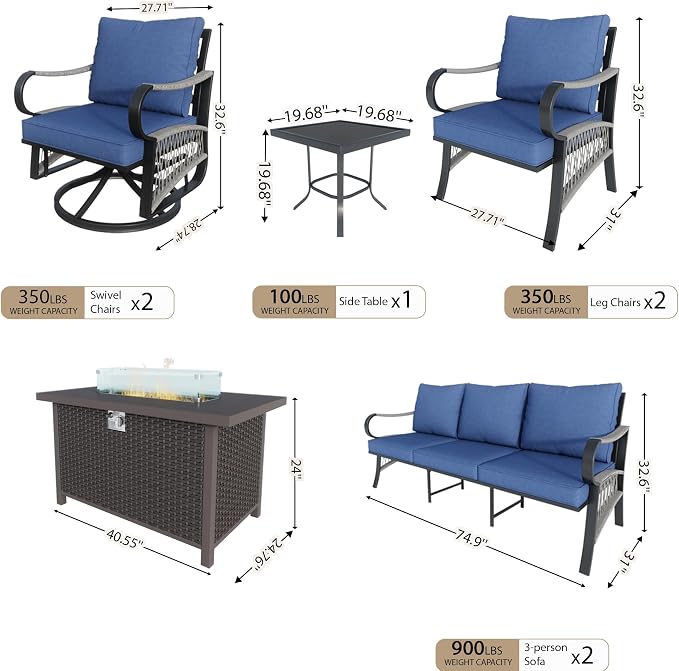 8 Pieces Patio Furniture Set, Metal Outdoor Conversation Sets with Fire Pit Table and Swivel Chairs for Backyard Garden Deck Porch Poolside (Thick Blue Cushions)