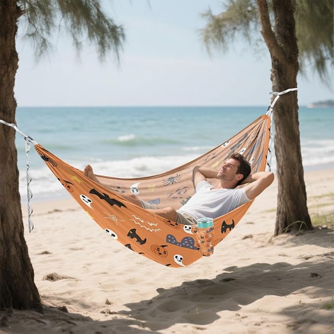 Halloween Print Pumpkin Camping Hammock, Portable Lightweight Single Hammock with Tree Straps and Aluminum Carabiners, 114" x 54" Travel Hammock for Hiking Backpacking Beach