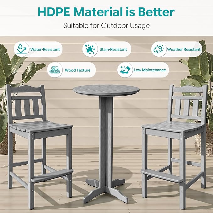 5-Piece Outdoor Bar Set, HDPE Adirondack Bar Height Chairs Set of 4 and Round Pub Table, All Weather Outdoor Patio Bar Furniture for Bistro, Deck, Balcony, Poolside (Slate Grey)