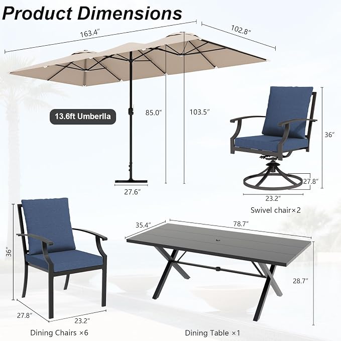 10 Pieces Patio Dining Set with Brown Umbrella,Outdoor Furniture Set Includes Hole Cut-Out Table and 6 Metal Backrest Chairs and 2 Swivel Chairs for Backyard,Garden,Poolside,Navy