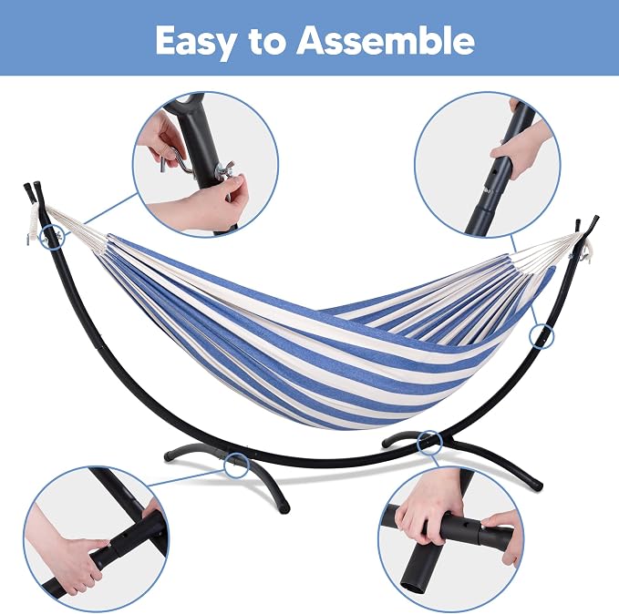 SUNCREAT Backyard Hammock with Frame, Hammock Frames for Outside, 475 lbs Capacity, Blue & White Stripes
