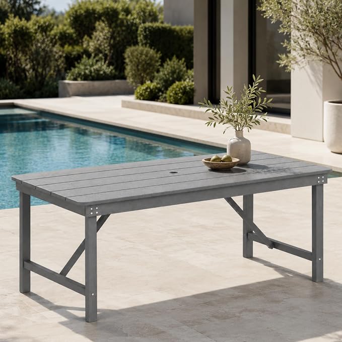 67" Rectangular Outdoor Dining Table, All-Weather HDPE Patio Table for 6-8 Person, Large Composite Wood Furniture with Umbrella Hole for Backyard Deck Garden Poolside, Gray