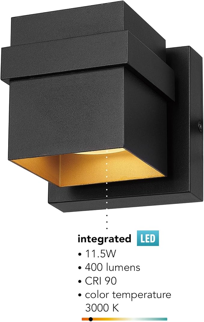 Globe Electric 60000022 11.5W LED Integrated Outdoor Wall Sconce, Matte Black, Gold Accent, 400 Lumens, 3000 Kelvins, 90 CRI, Front or Back Porch Decor, Modern Minimalist Exterior Lighting